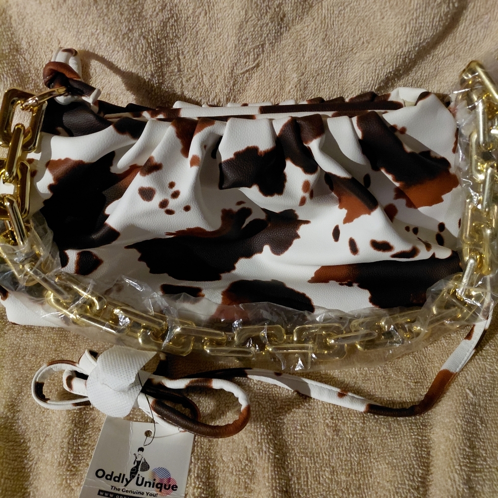 Cow Print Women's Bag with Gold Chain